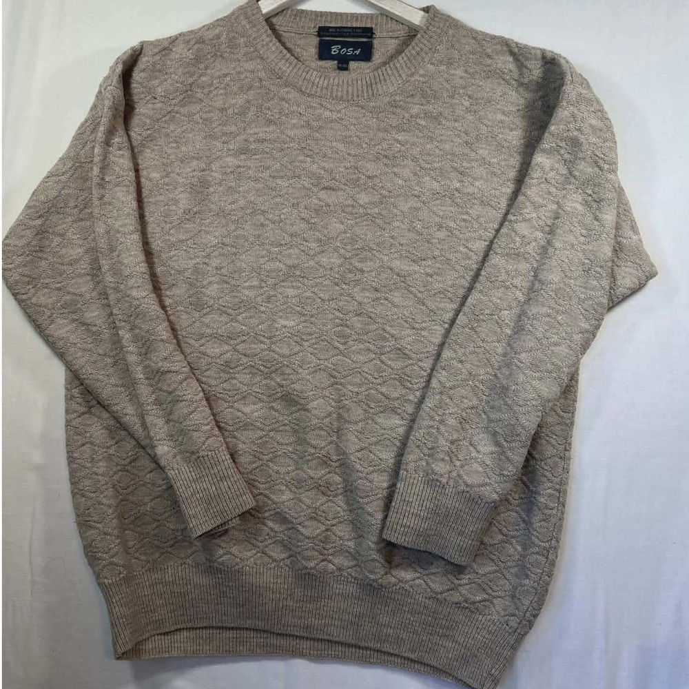 Bosa Mens XL Beige Diamond Textured Knit Crewneck Sweater Made‎ in Italy Oatmeal